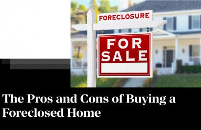 A red sign that says foreclosure for sale and the words " pros and cons of buying a house in closed home ".